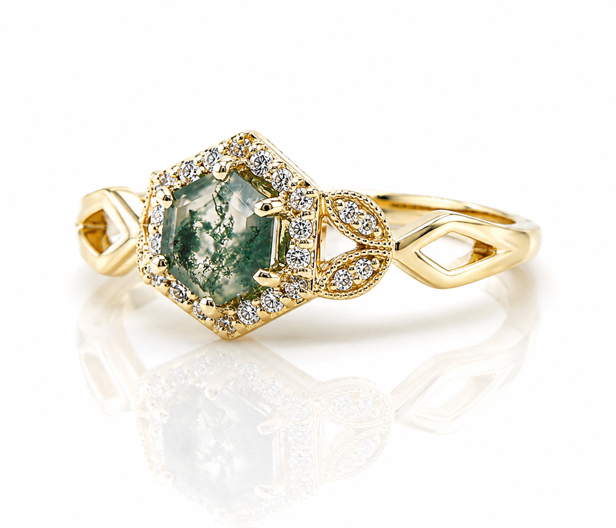 Hexagon Moss Agate Halo Gold Art Deco Ring