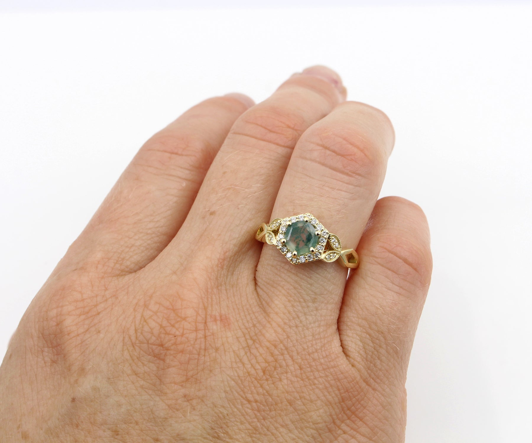 Hexagon Moss Agate Halo Gold Art Deco Ring