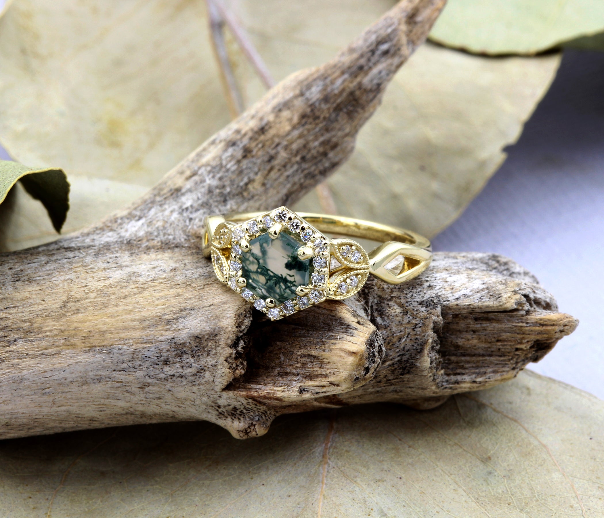 Hexagon Moss Agate Halo Gold Art Deco Ring