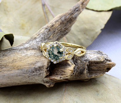 Hexagon Moss Agate Halo Gold Art Deco Ring