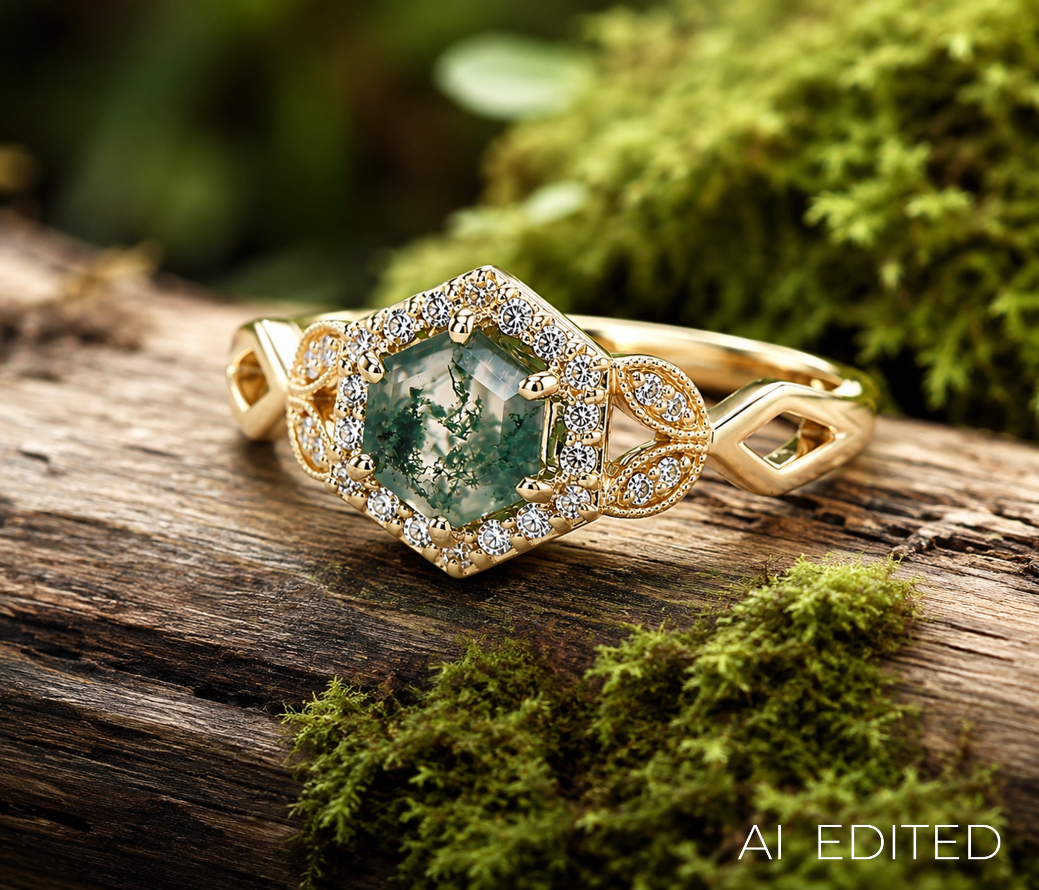 Hexagon Moss Agate Halo Gold Art Deco Ring