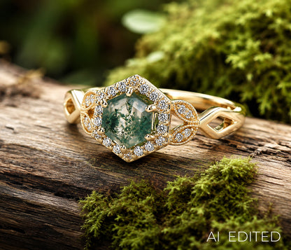 Hexagon Moss Agate Halo Gold Art Deco Ring