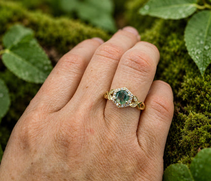 Hexagon Moss Agate Halo Gold Art Deco Ring