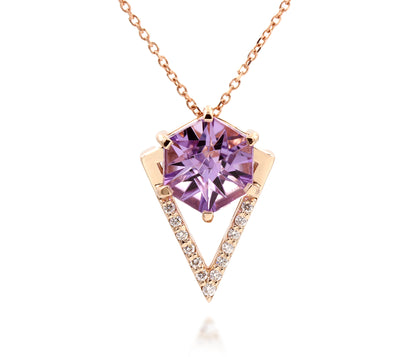 Hexagon Amethyst Diamond Rose Gold Necklace