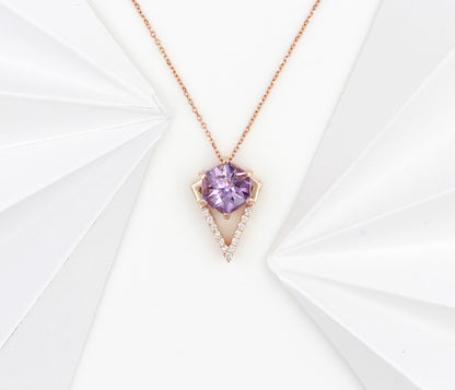 Hexagon Amethyst Diamond Rose Gold Necklace