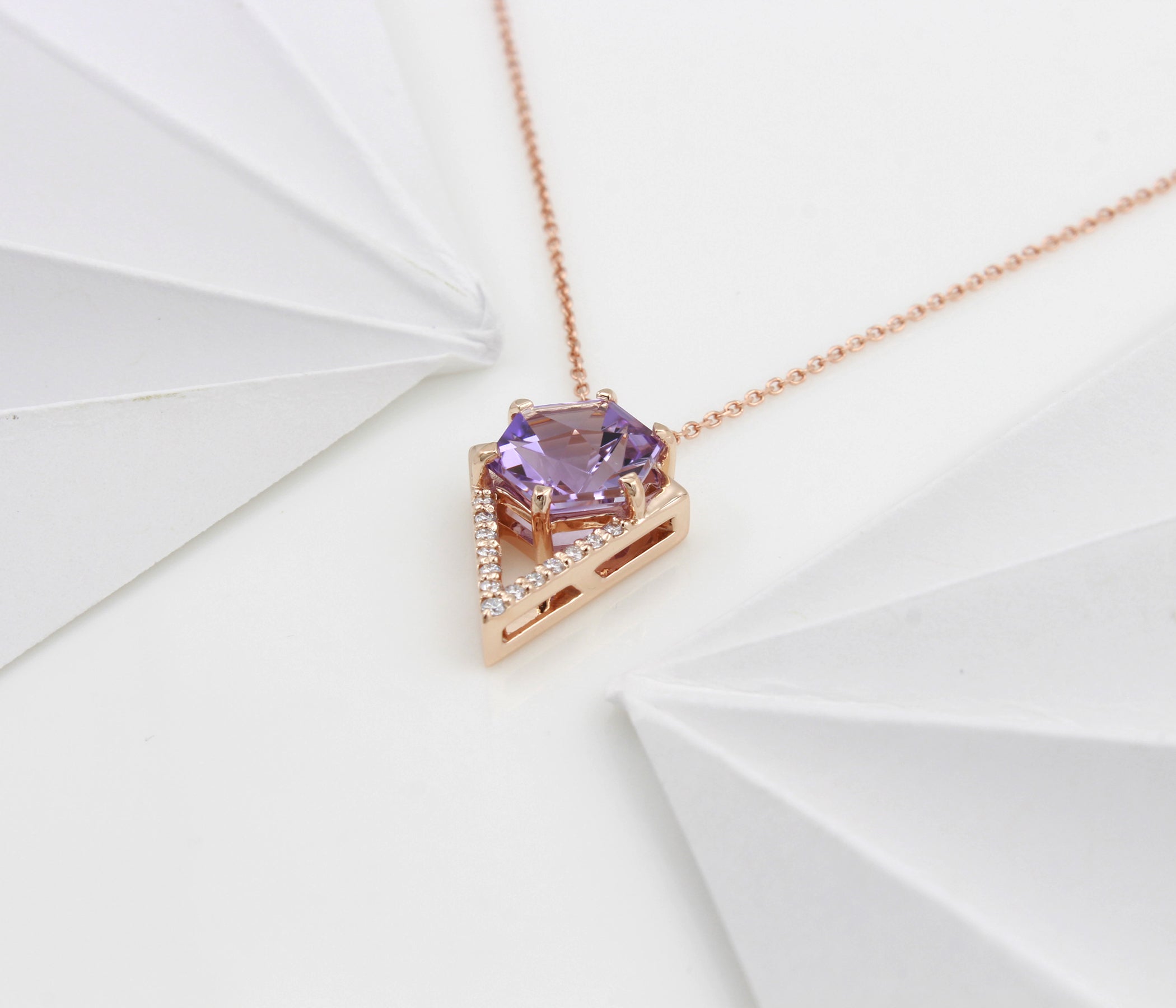 Hexagon Amethyst Diamond Rose Gold Necklace
