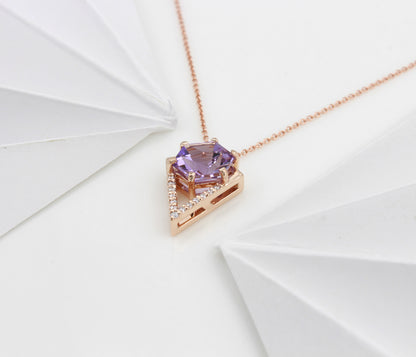 Hexagon Amethyst Diamond Rose Gold Necklace