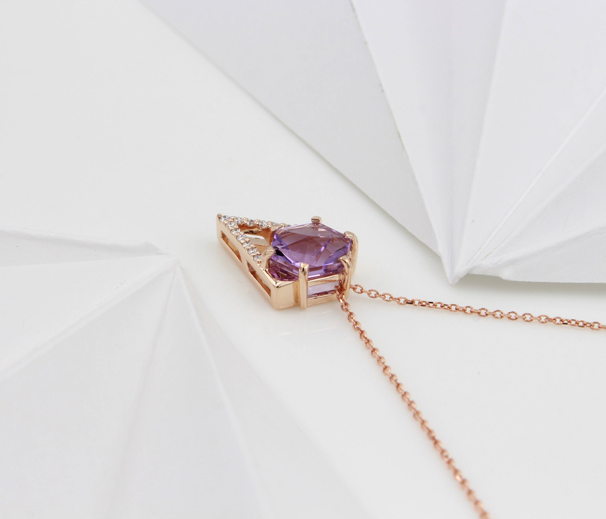 Hexagon Amethyst Diamond Rose Gold Necklace