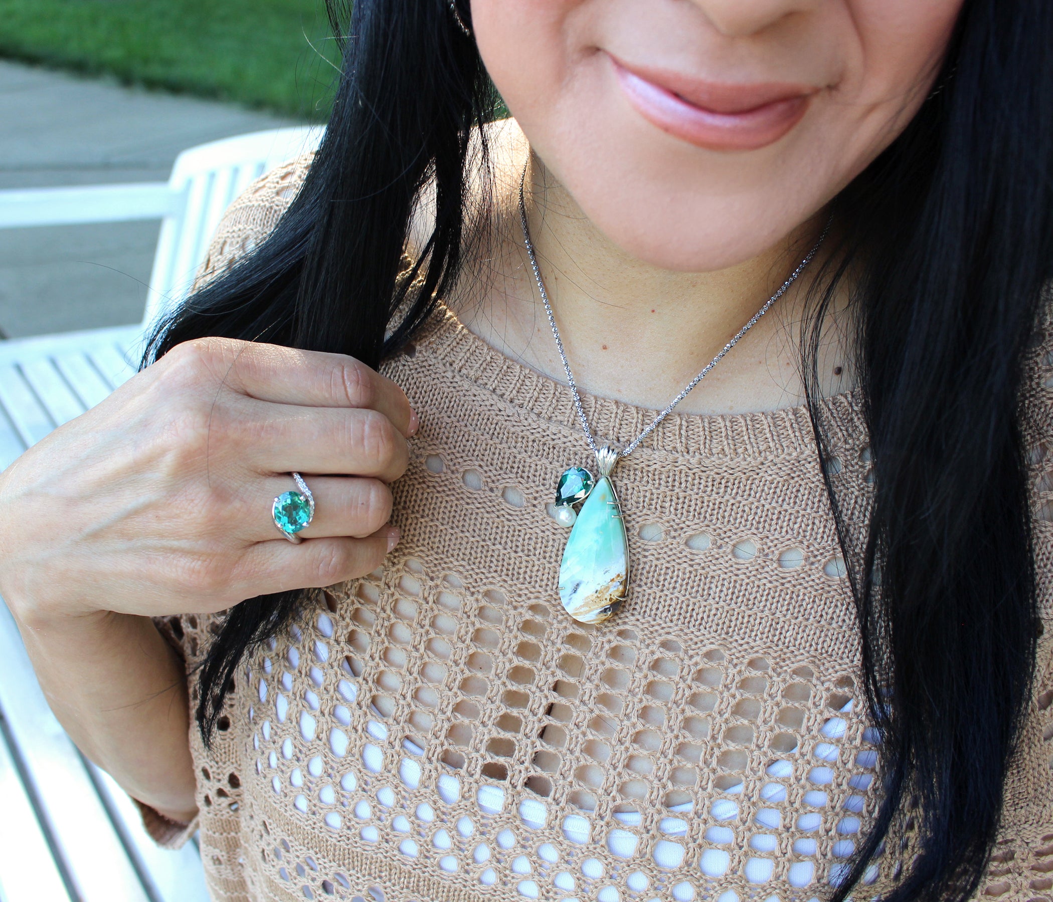 Beach Opal Petrified Wood Topaz Pearl Necklace