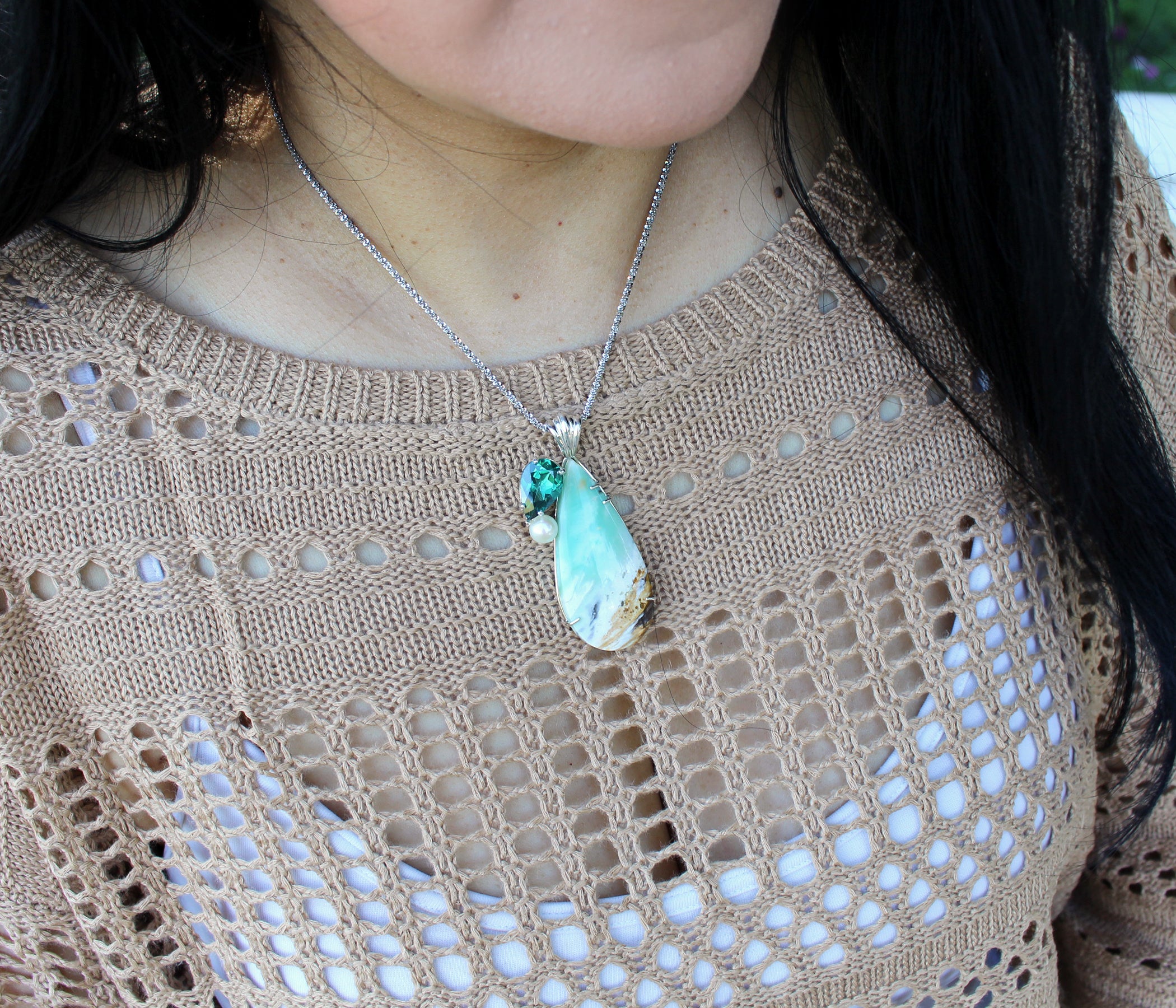 Beach Opal Petrified Wood Topaz Pearl Necklace