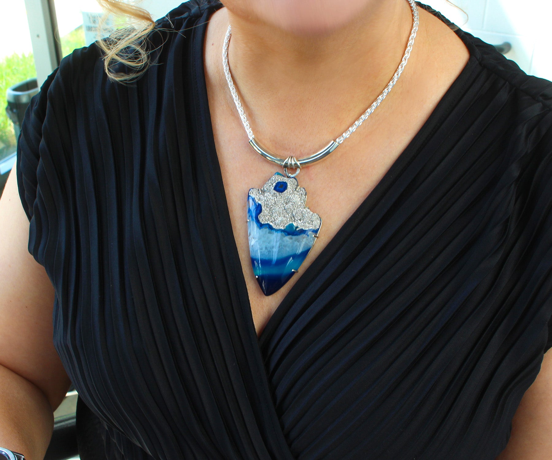 Large Platinum Blue Druzy Statement Necklace