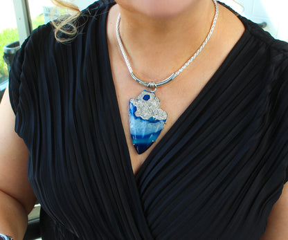 Large Platinum Blue Druzy Statement Necklace