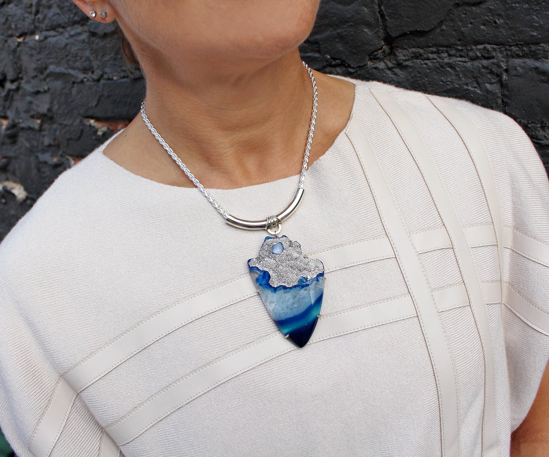 Large Platinum Blue Druzy Statement Necklace