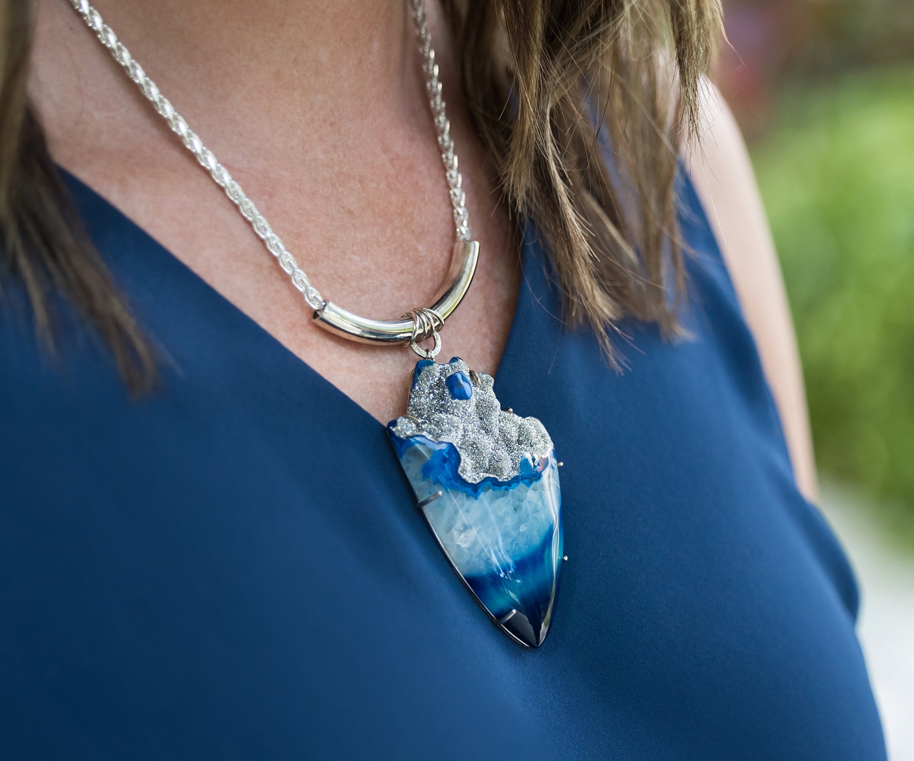 Large Platinum Blue Druzy Statement Necklace