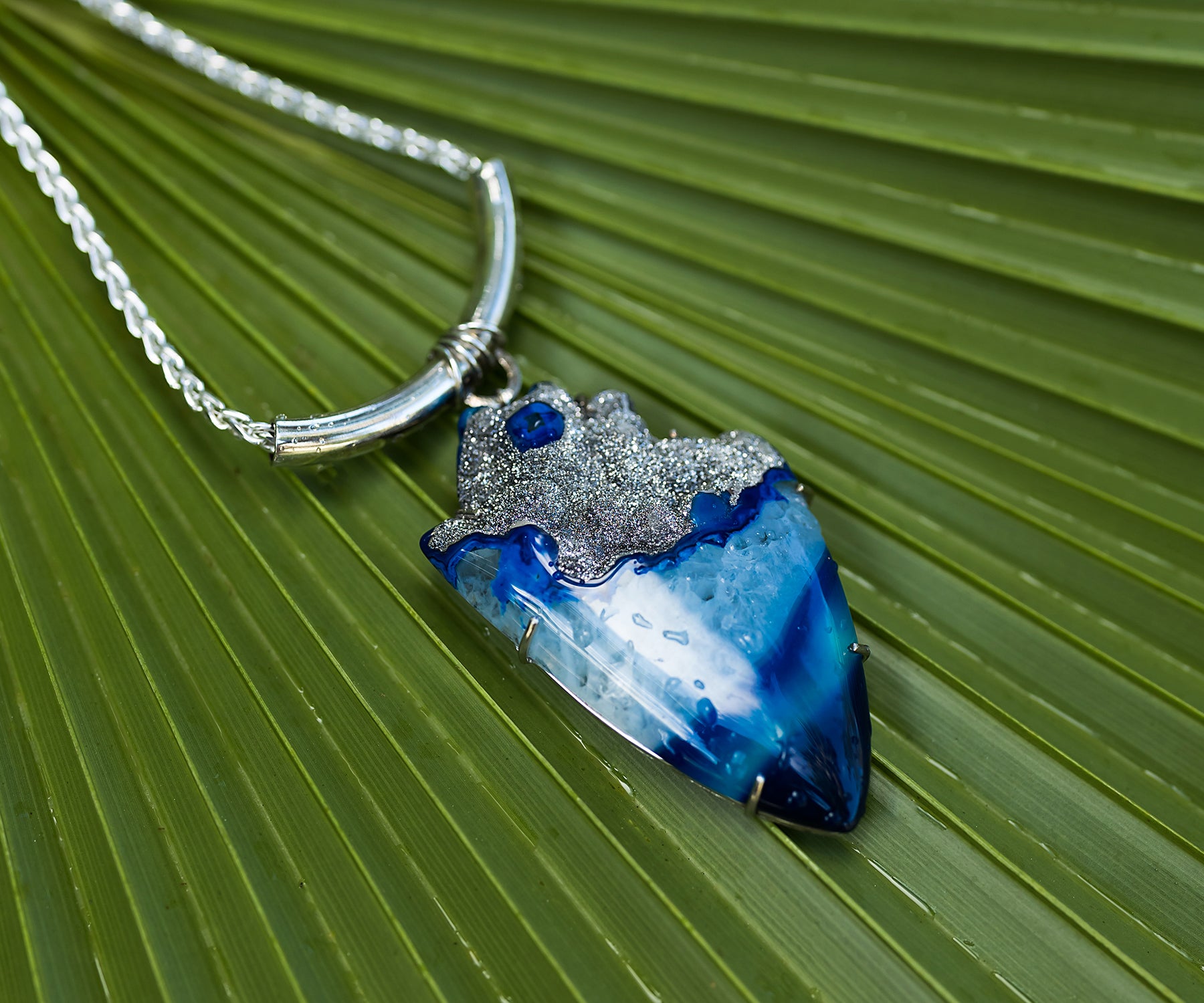 Large Platinum Blue Druzy Statement Necklace