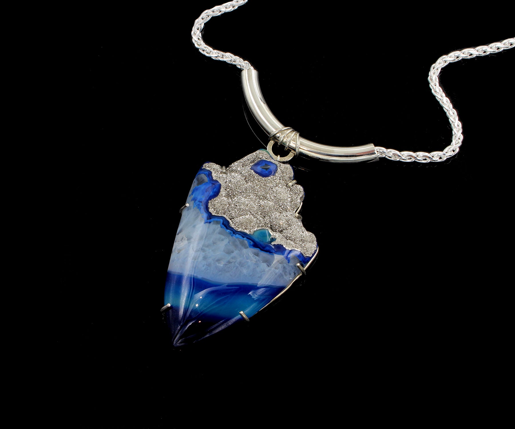 Large Platinum Blue Druzy Statement Necklace