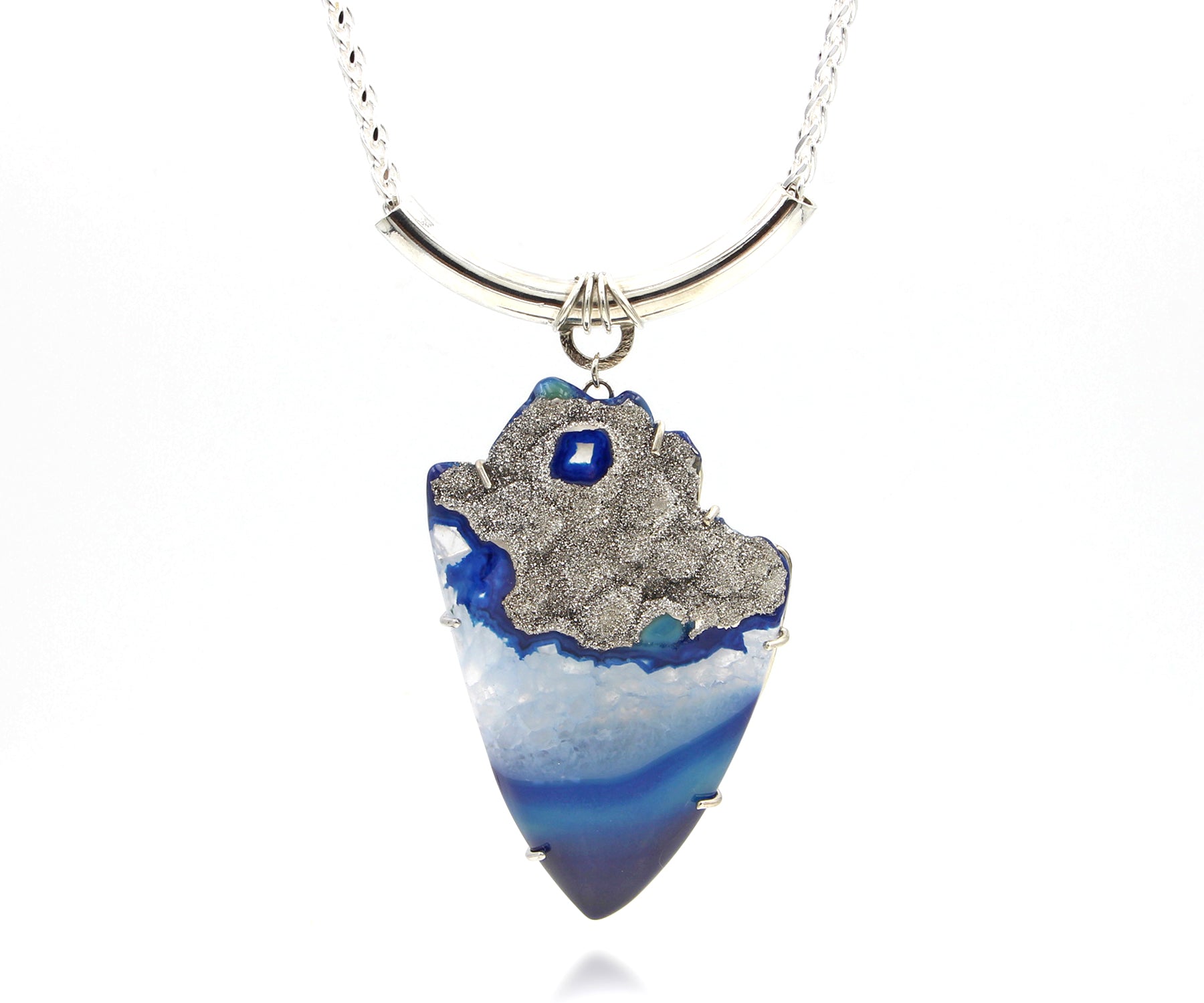 Large Platinum Blue Druzy Statement Necklace