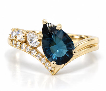 London Topaz Pear Offset Diamond Gold Ring