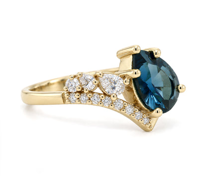 London Topaz Pear Offset Diamond Gold Ring