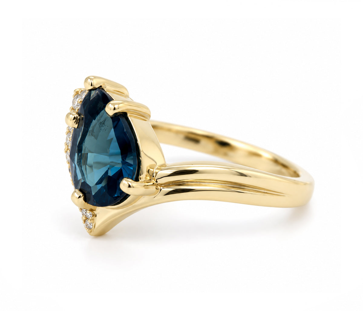 London Topaz Pear Offset Diamond Gold Ring