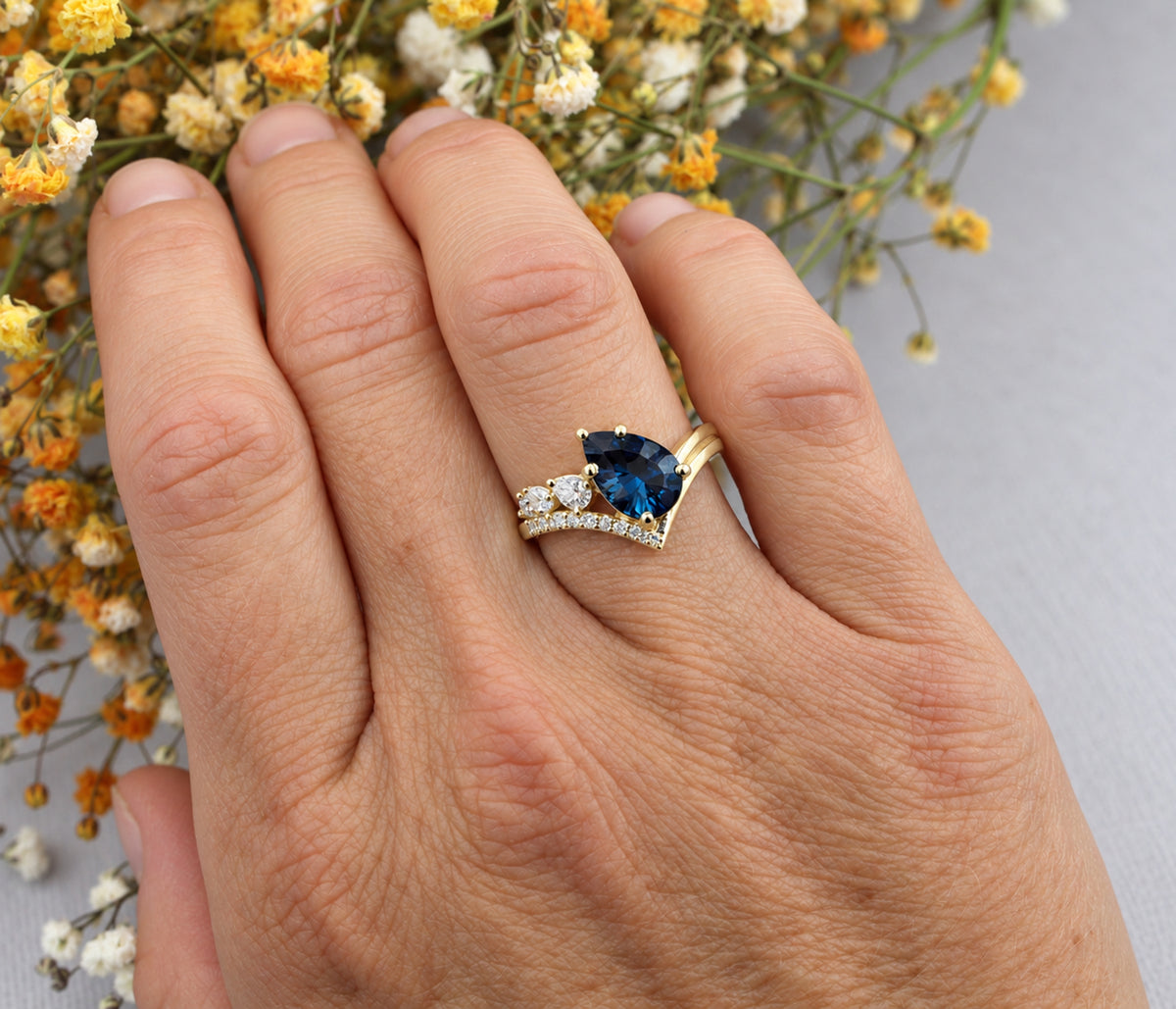 London Topaz Pear Offset Diamond Gold Ring