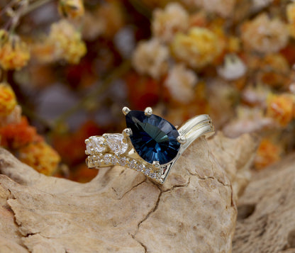 London Topaz Pear Offset Diamond Gold Ring