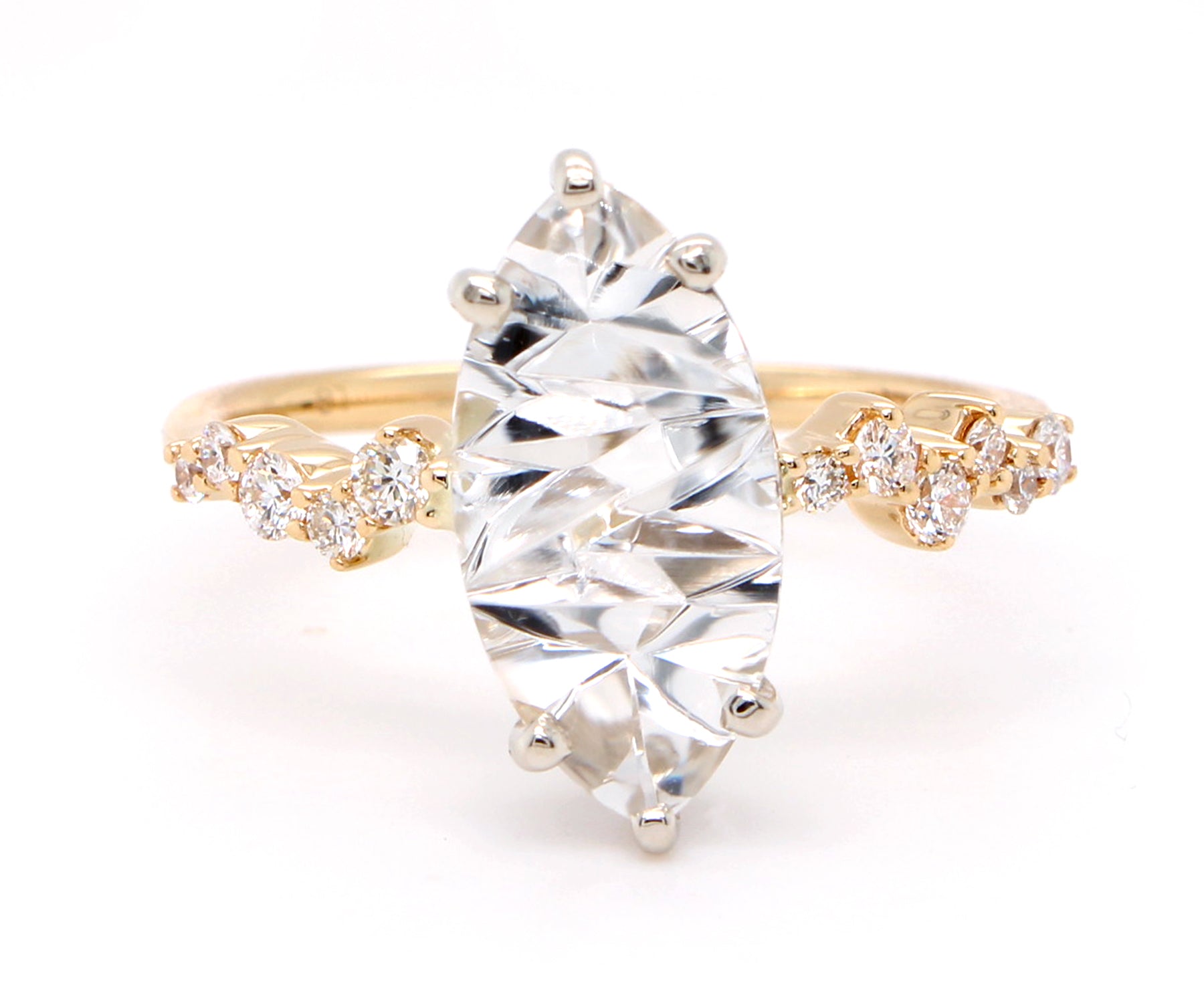 Stunning Topaz Marquise Staggered Diamond Gold Ring
