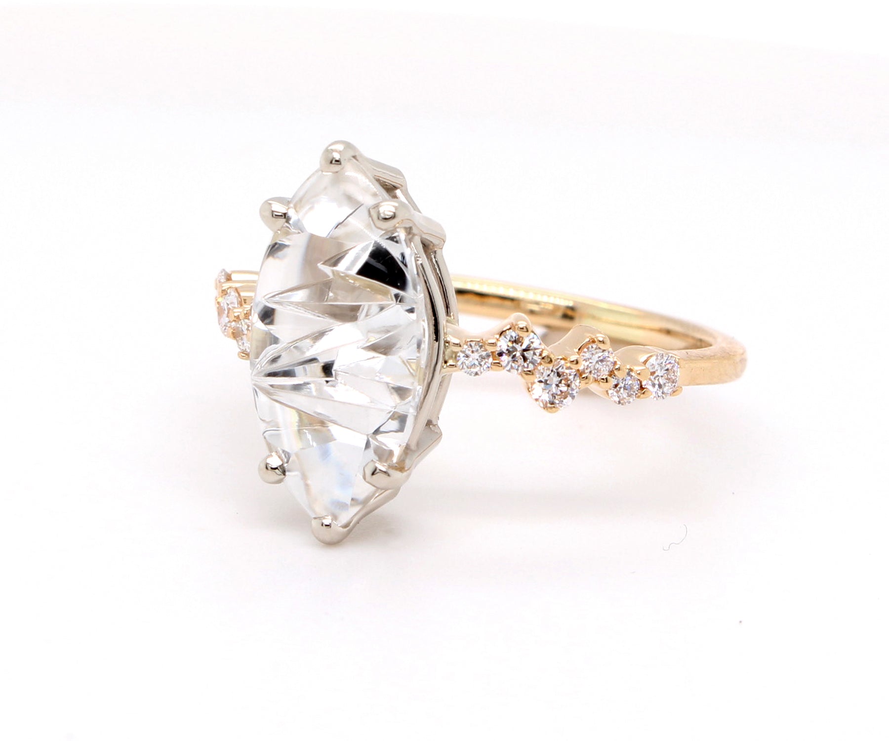 Stunning Topaz Marquise Staggered Diamond Gold Ring