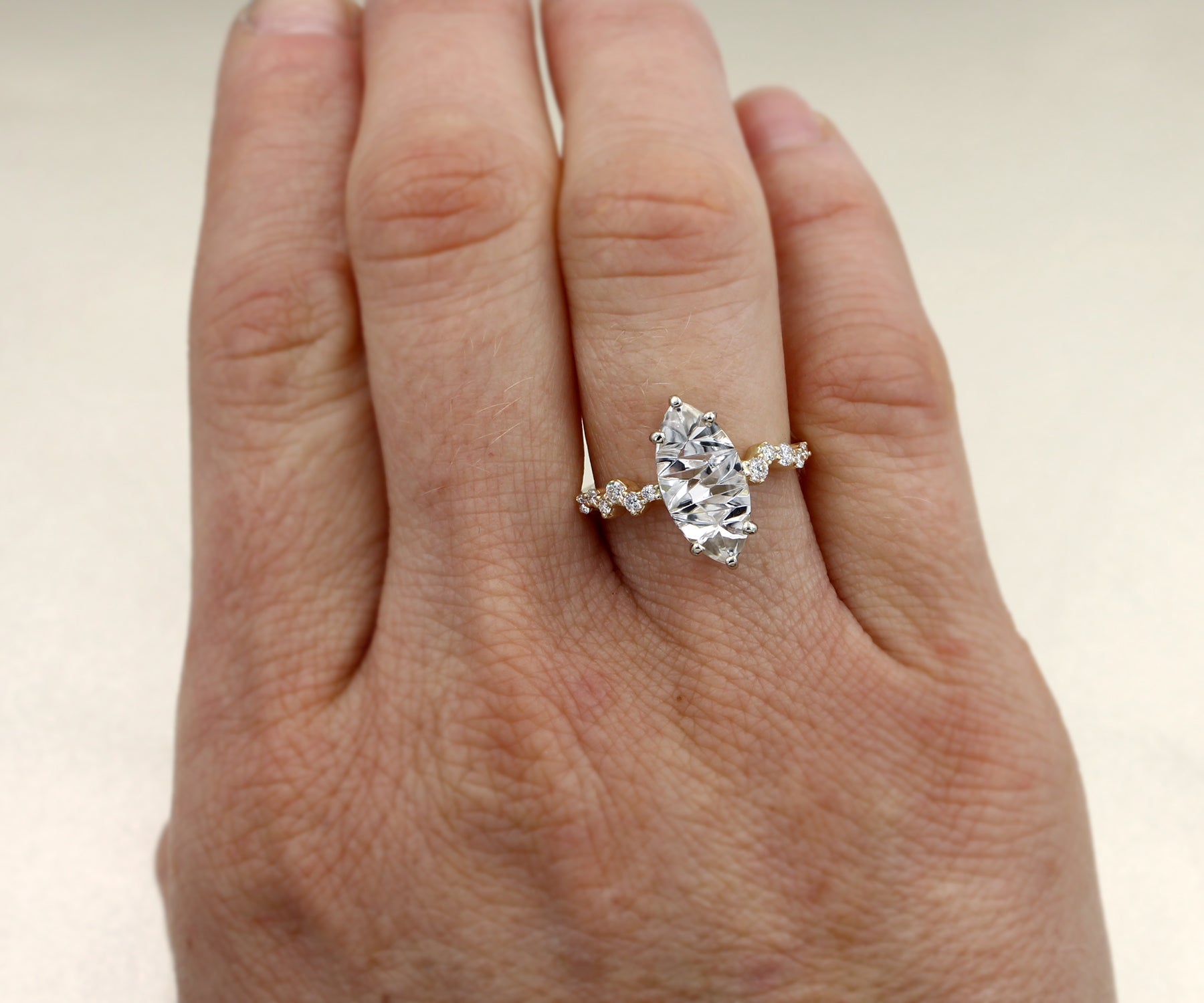 Stunning Topaz Marquise Staggered Diamond Gold Ring