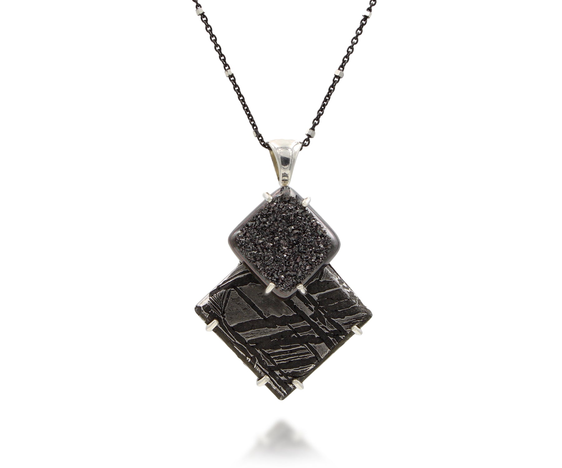 Double Square Meteorite Black Druzy Necklace