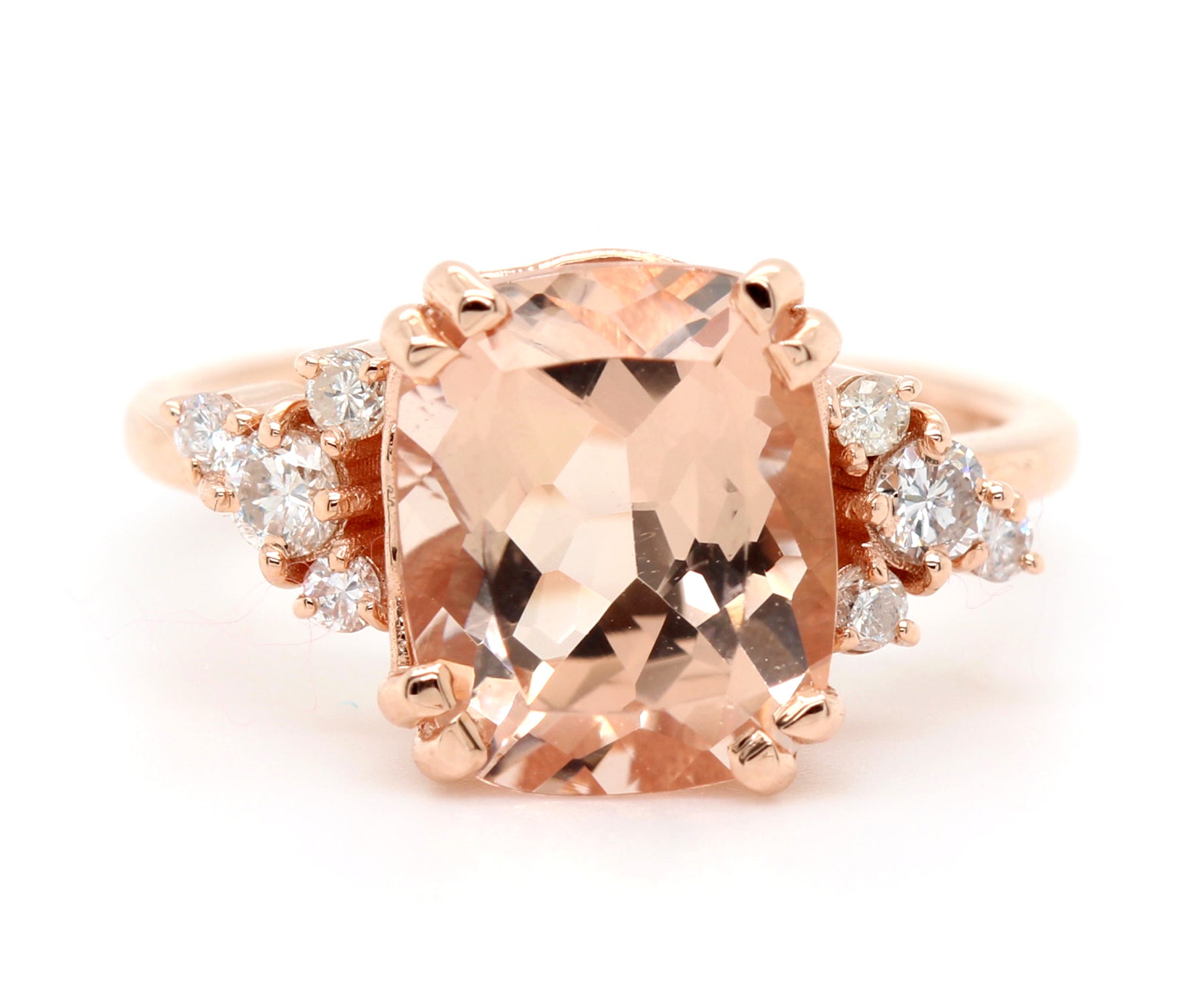 Romantic Asymmetrical Morganite Rose Gold Cluster Diamond Ring