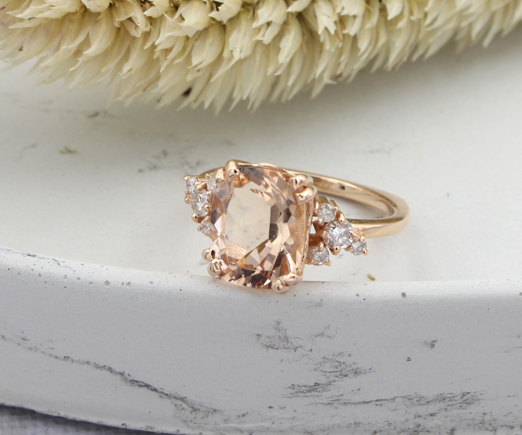 Romantic Asymmetrical Morganite Rose Gold Cluster Diamond Ring