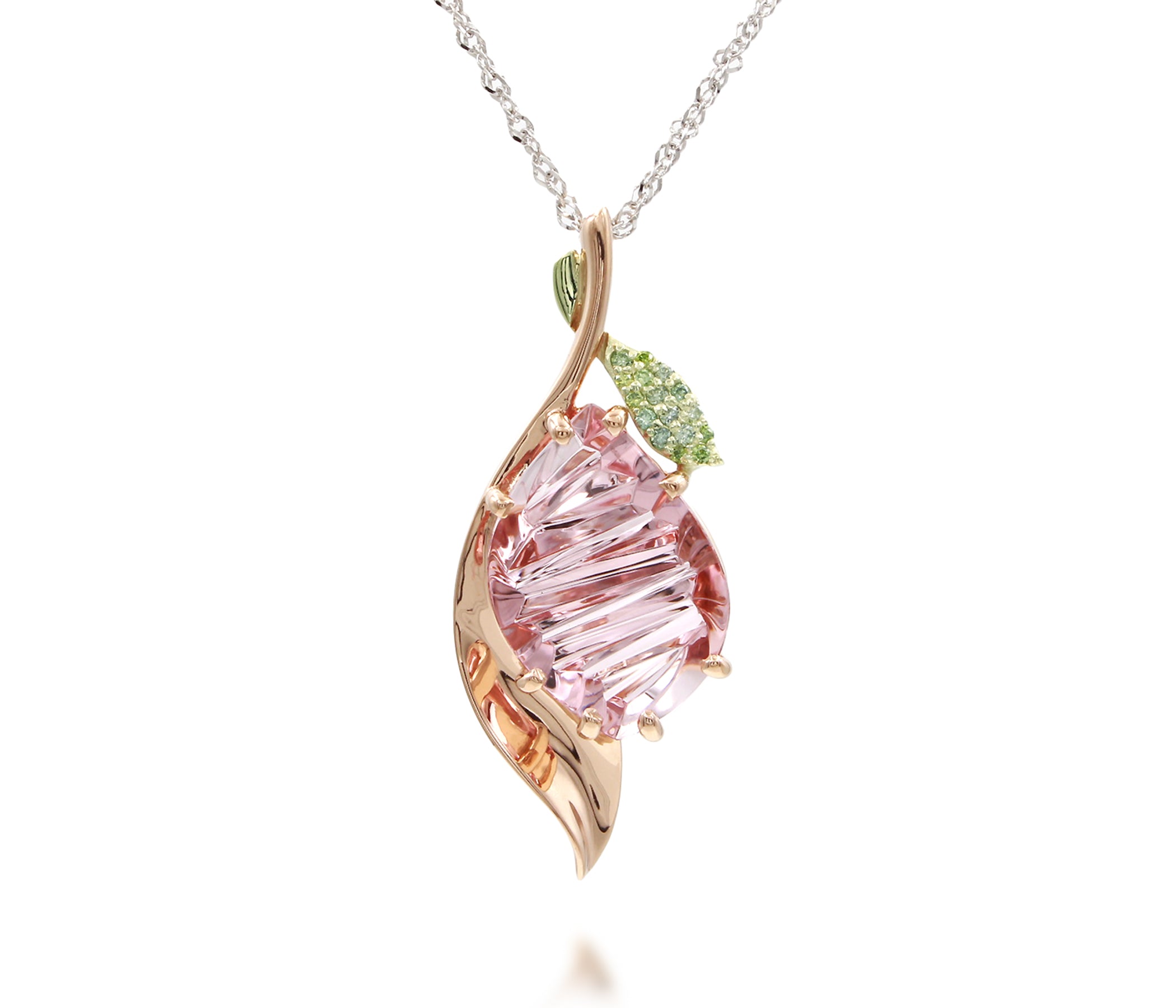 Romantic Morganite Green Diamond Leaf Rose Gold Necklace