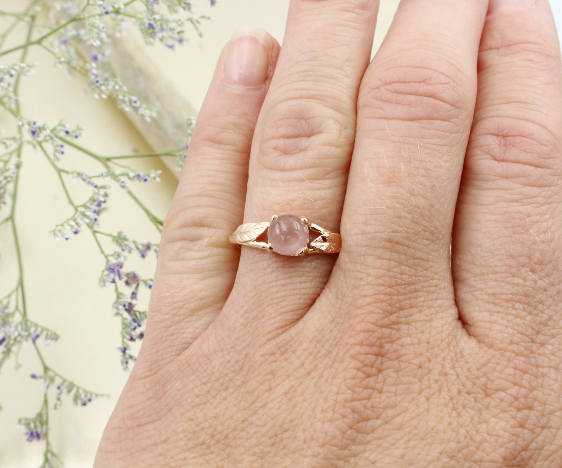 Rose Quartz Leaf Rose Gold Dainty Floral Ring