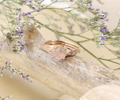 Rose Quartz Leaf Rose Gold Dainty Floral Ring