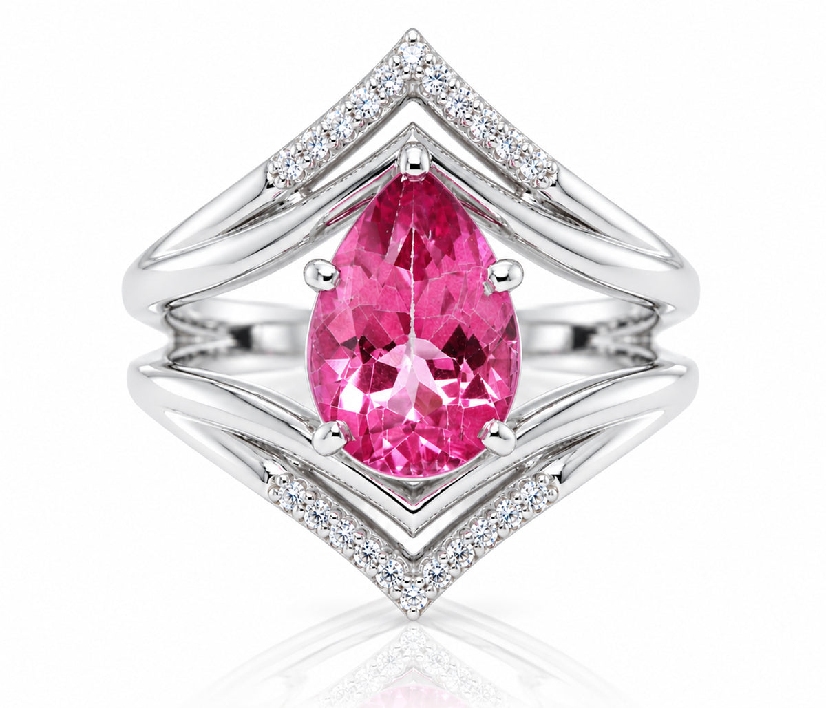 Pear Pink Topaz Double V-Shaped Diamond Ring