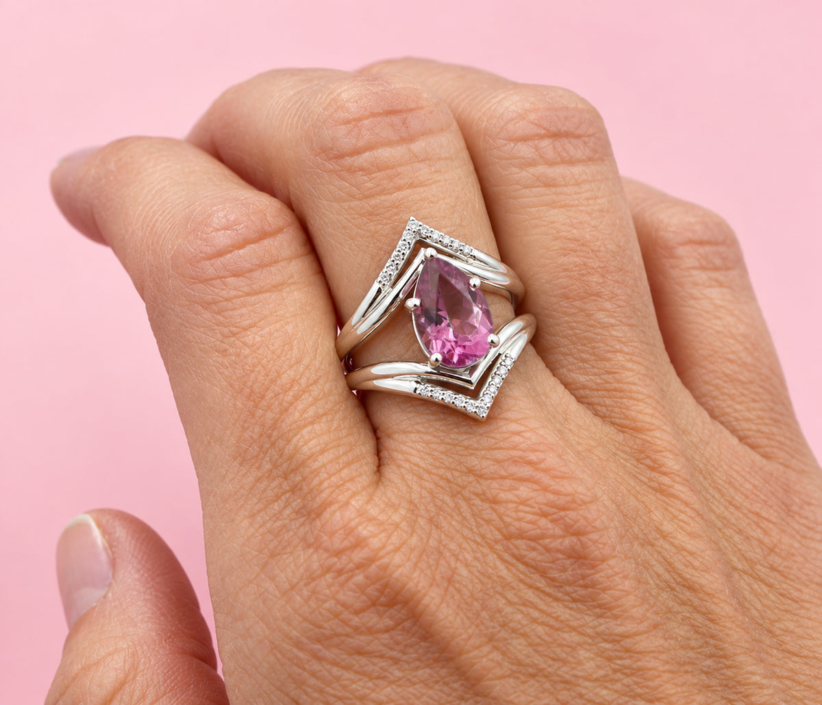Pear Pink Topaz Double V-Shaped Diamond Ring