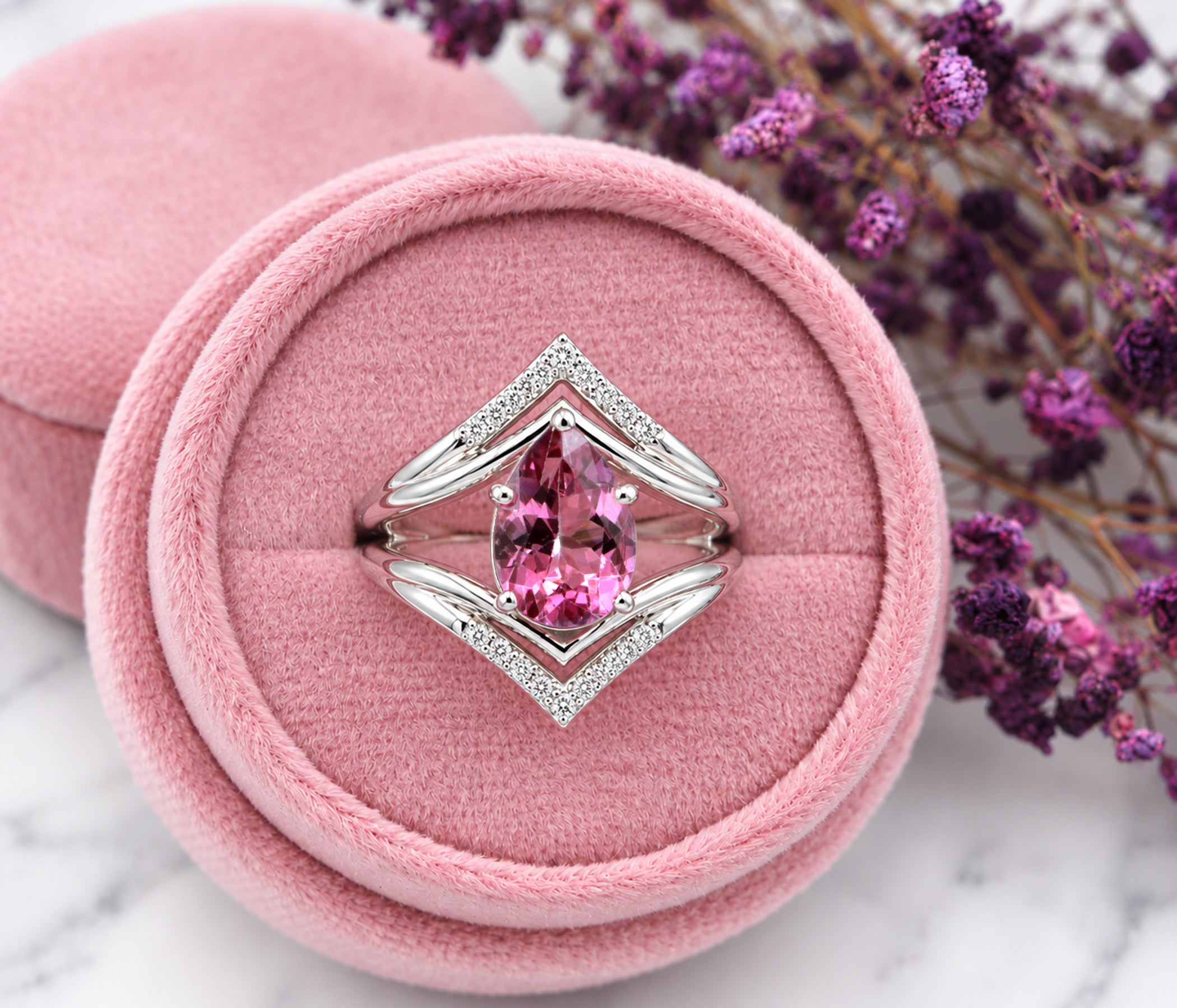 Pear Pink Topaz Double V-Shaped Diamond Ring
