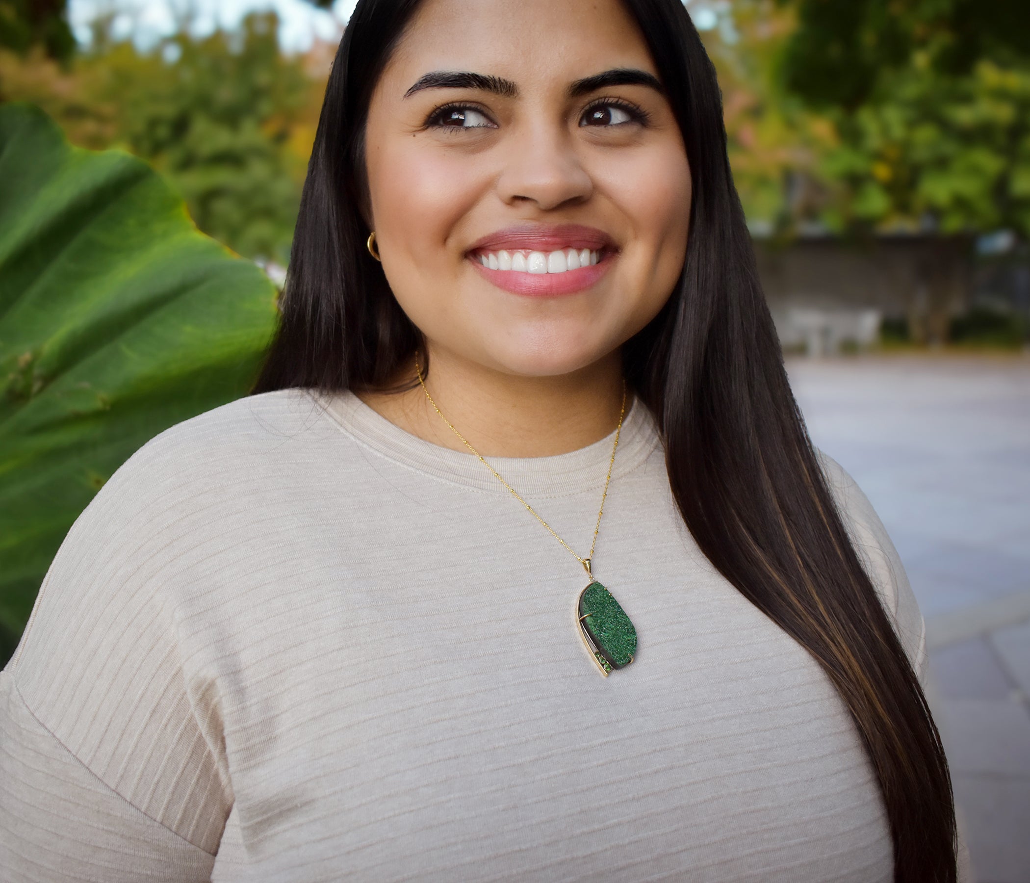 Natural Uvarovite Garnet Druzy Green Tourmaline Gold Necklace