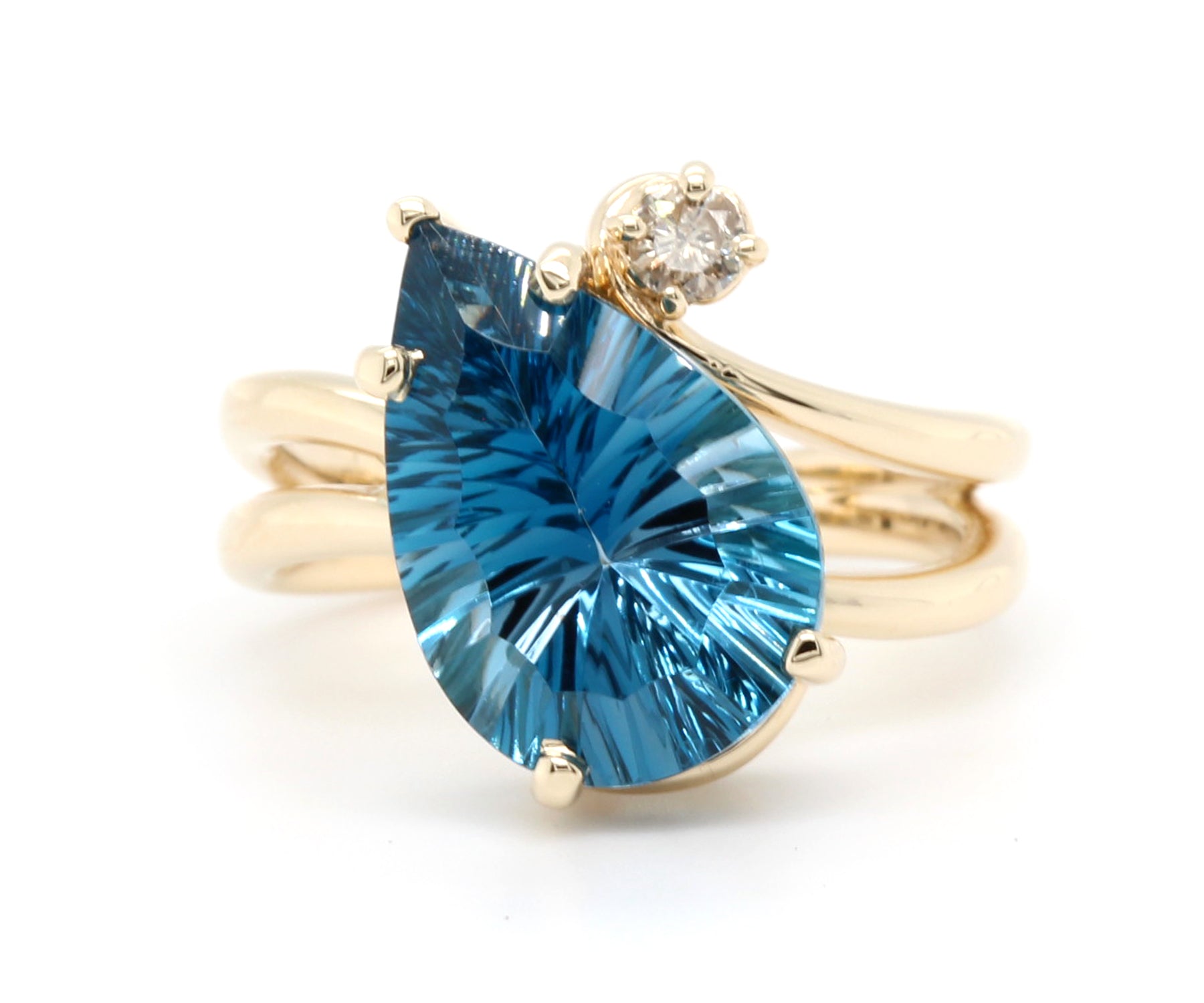 Offset Curved London Blue Topaz Diamond Gold Ring