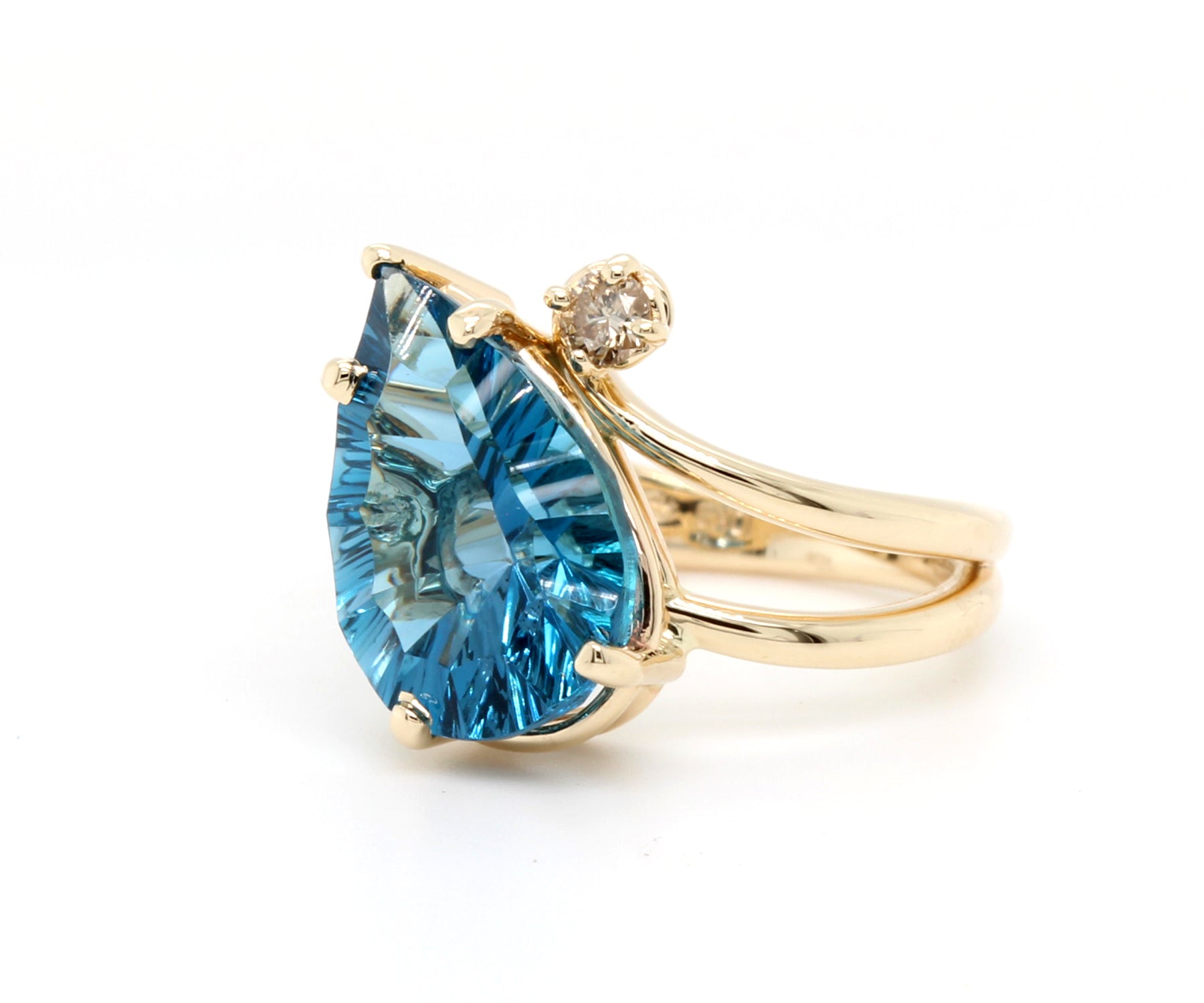 Offset Curved London Blue Topaz Diamond Gold Ring
