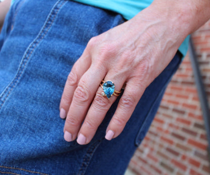 Offset Curved London Blue Topaz Diamond Gold Ring