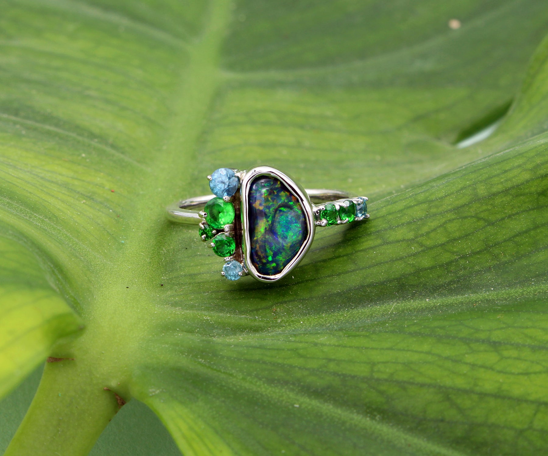 Offset Opal and Green Garnet with Blue Zircon Custom Ring