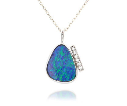 Blue Opal Offset Diamond bar offset White Gold Necklace