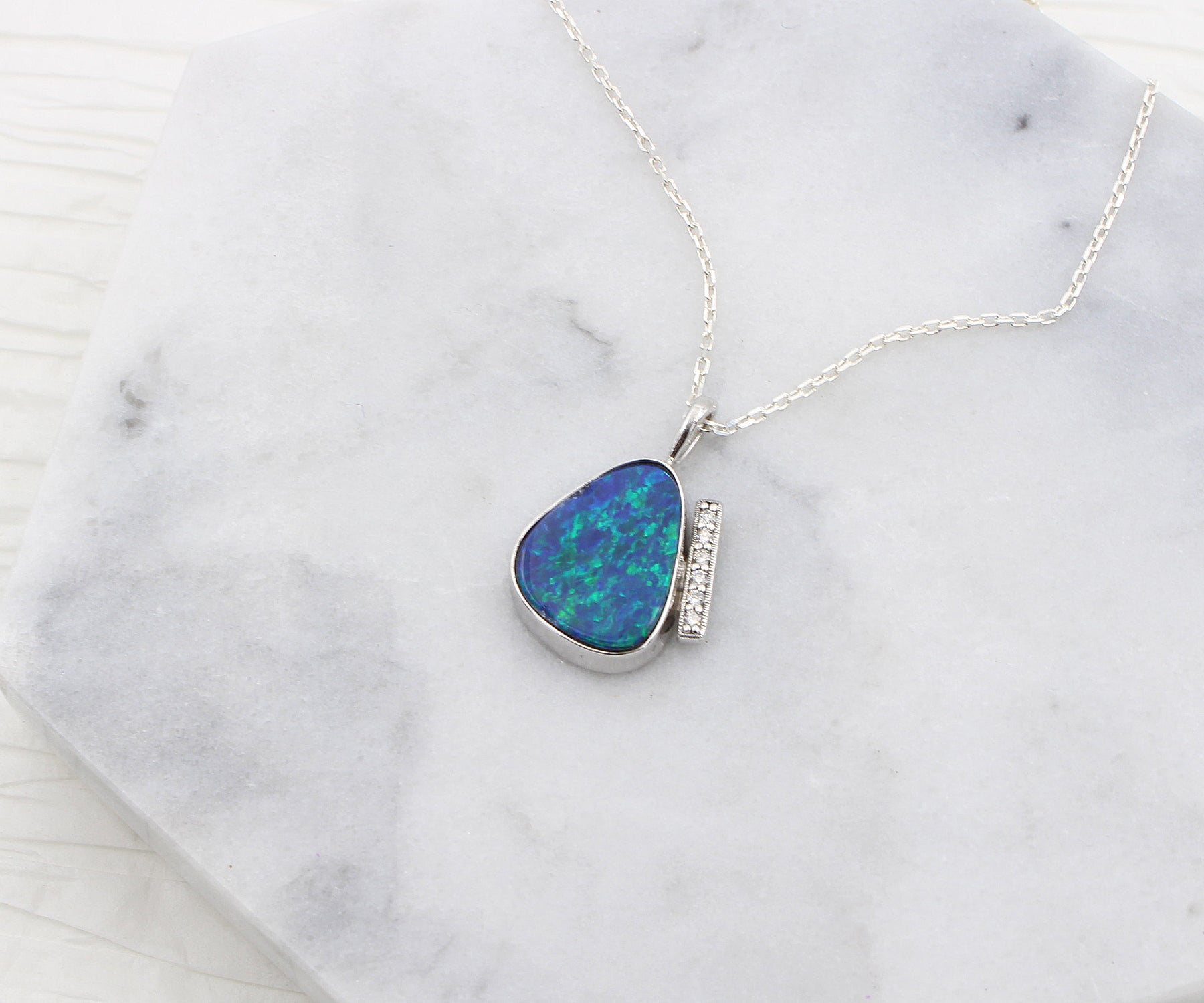 Blue Opal Offset Diamond White Gold Necklace