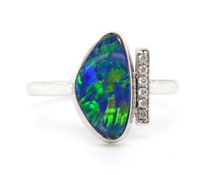 Black Opal Diamond Bar White Gold RIng