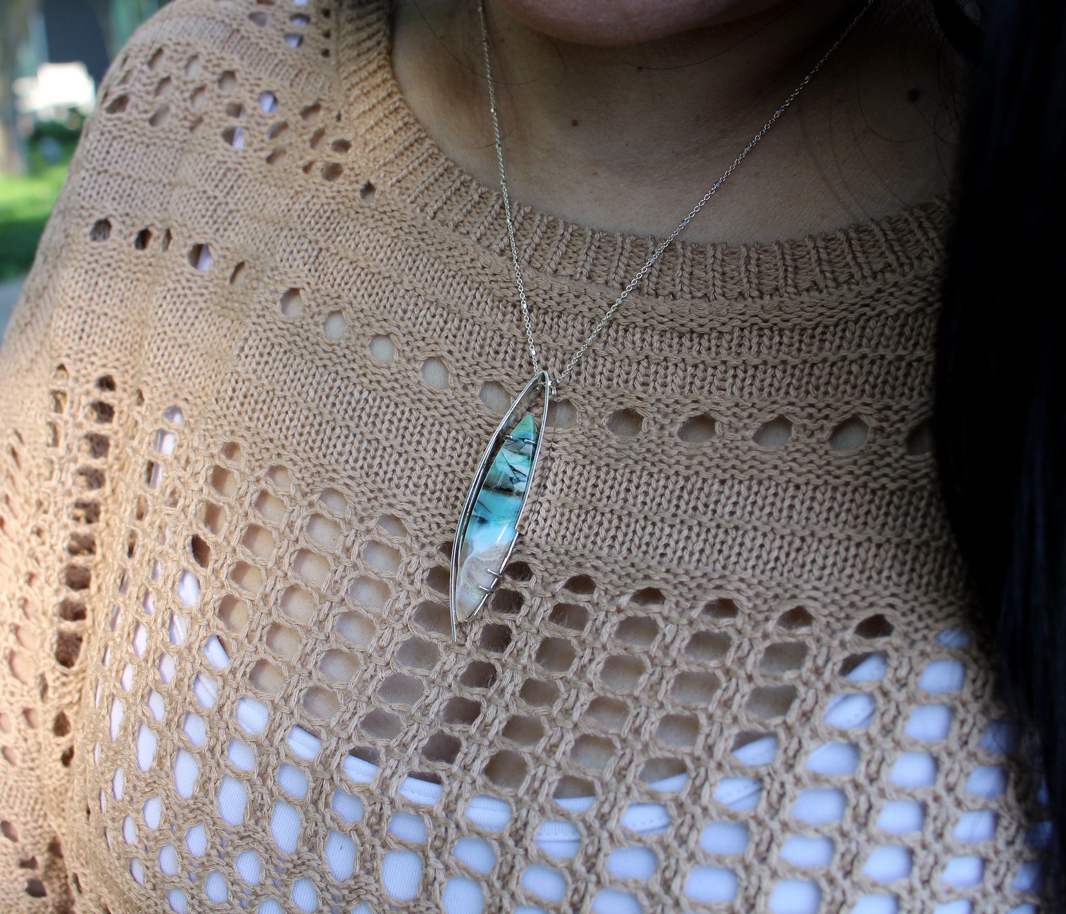 Beach Opal Petrified Wood Elongated Necklace