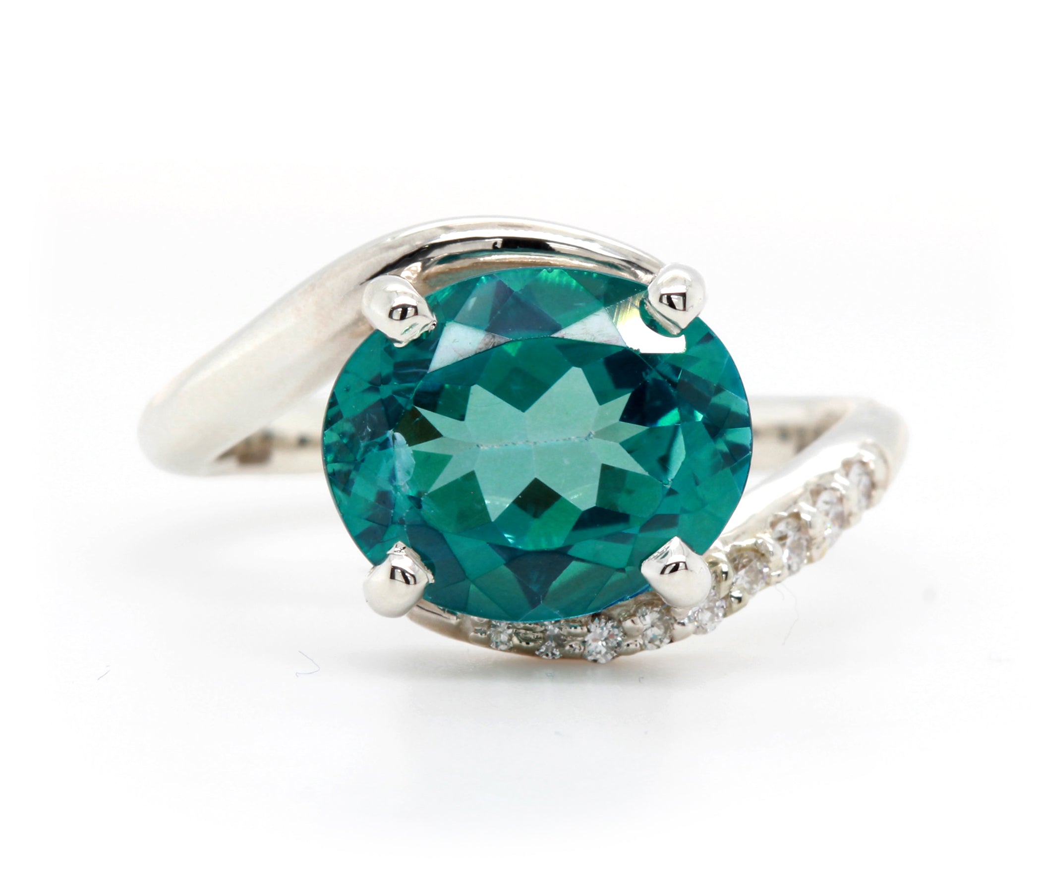 Oval Green Teal Bypass Diamond Ring