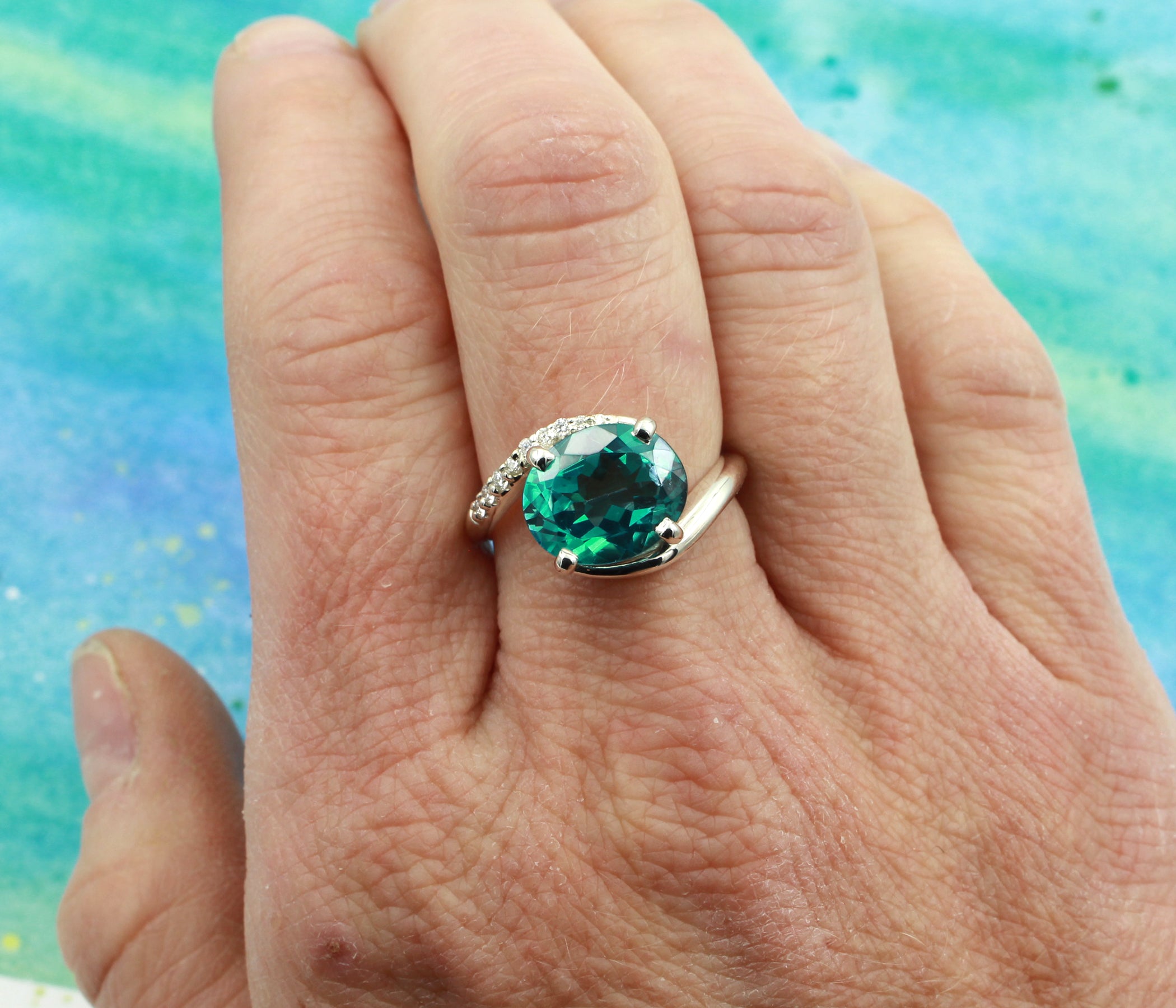 Oval Green Teal Bypass Diamond Ring