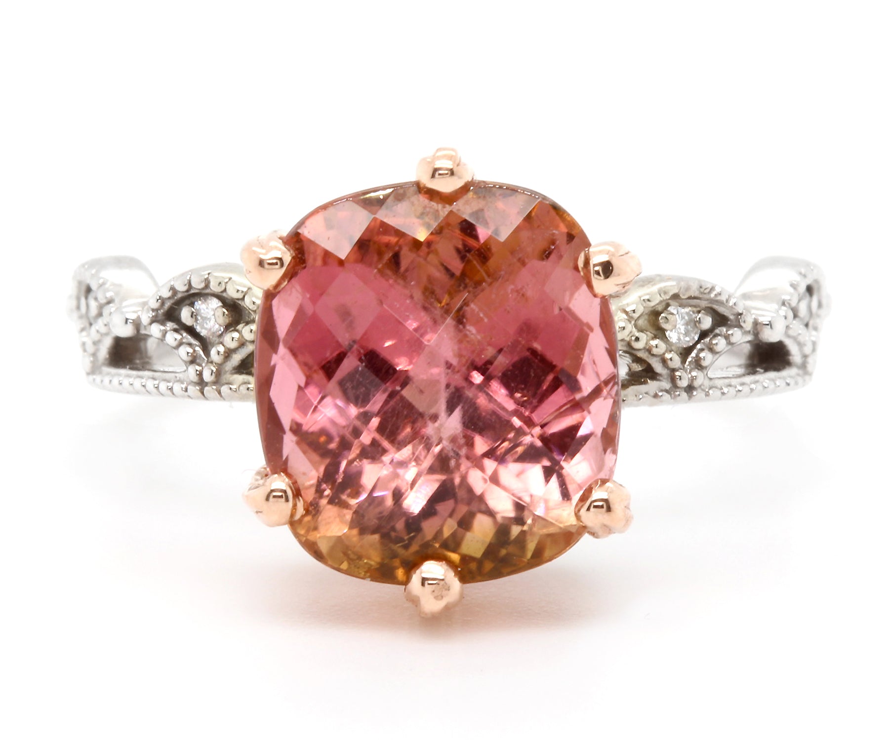 Peach Cushion Tourmaline Dainty Crown Ring